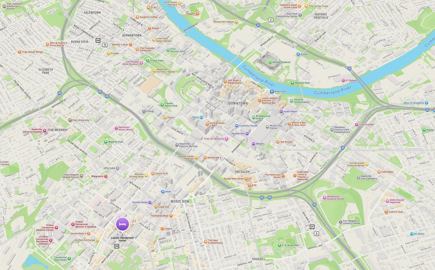 3D map view of Loews Nashville Hotel and the surrounding Nashville area